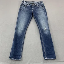 Silver Jeans Co Elyse Straight Jeans Womens W28 L32 Blue Medium Wash Distressed