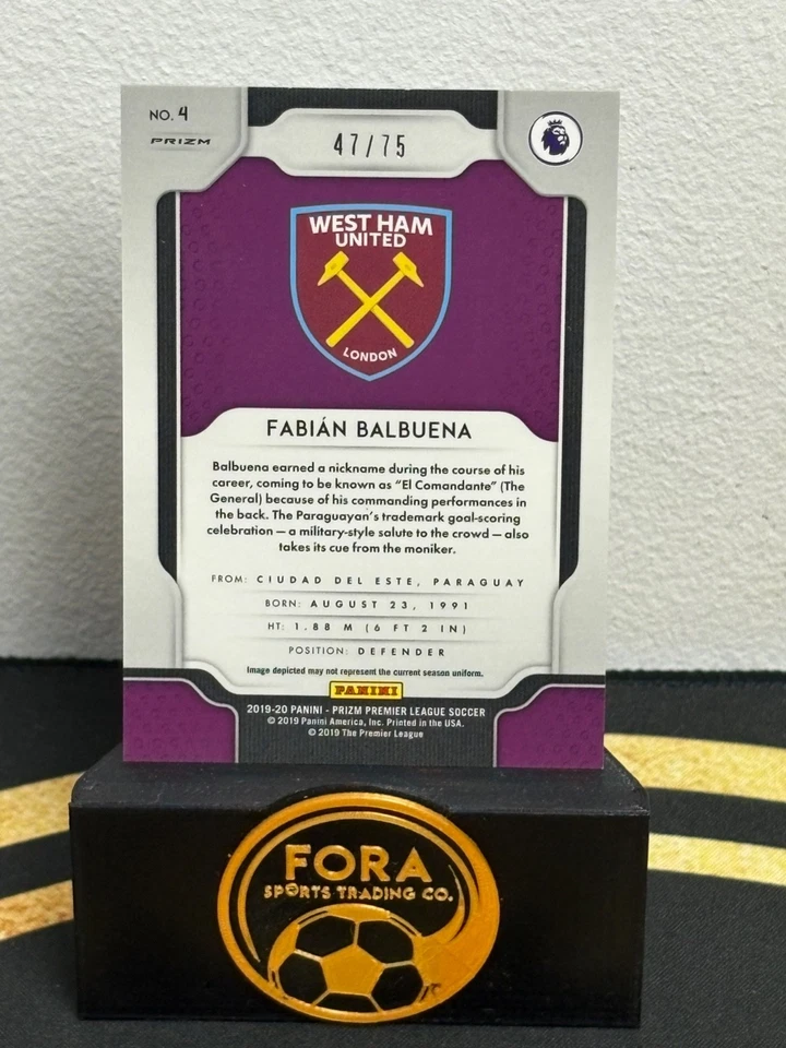 2019 Panini Prizm Fabian Balbuena Blue Cracked Ice RC /75 West Ham Paraguay MINT - Image 2 of 2