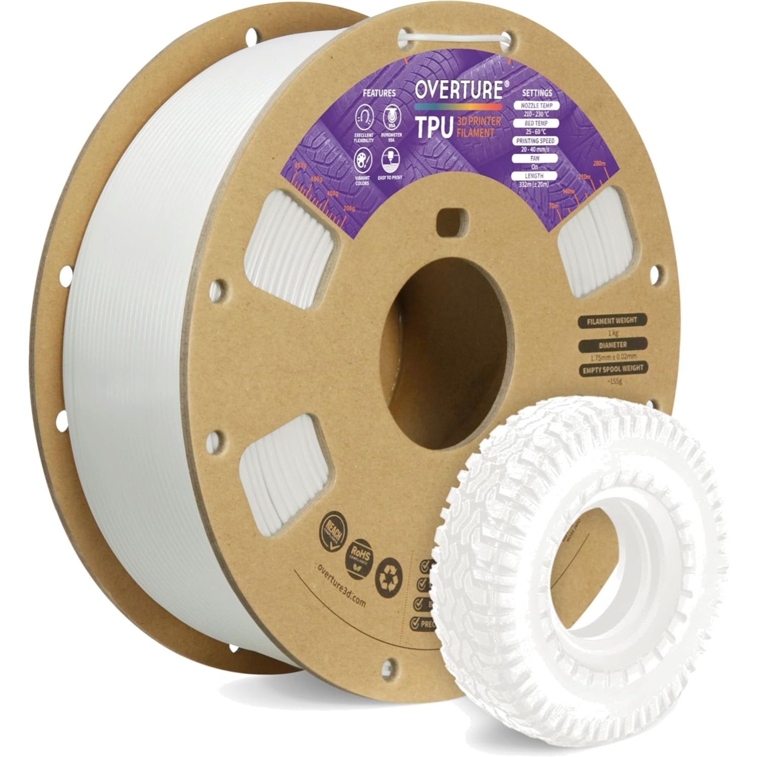 TPU Filament 175 mm Flexibel Weiß 1 kg 3D Drucker filament