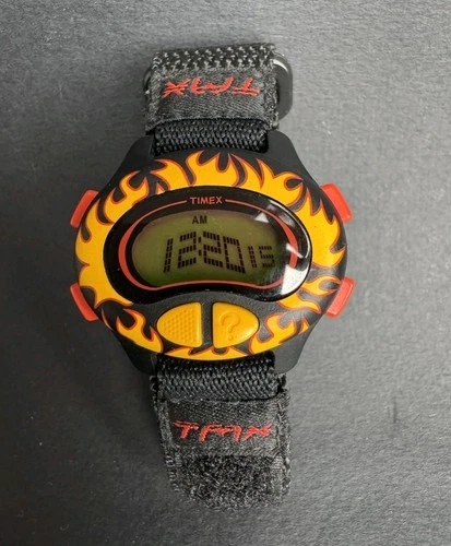 Rare Kids Vintage Timex Watch Black Red Yellow Flame 90s