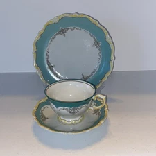 Antique Schoenau Germany 3 Piece Tea Cup Saucer Small Plate Aqua Teal Yellow