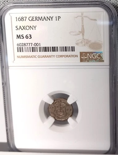 GERMANY SAXONY 1687 1 PFENNIG NGC MS 63 SCARCE
