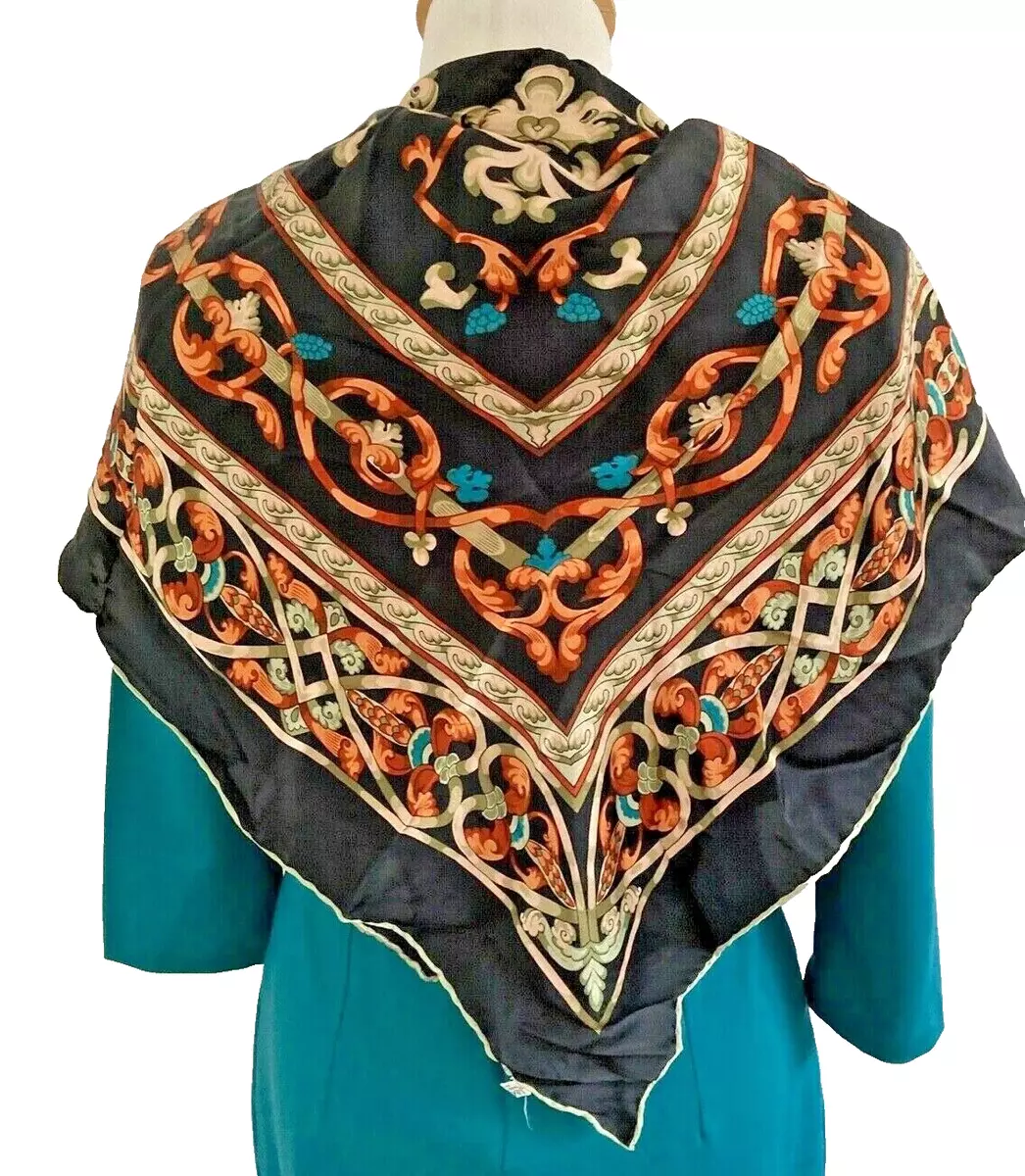 Liberty Pure Silk Scarf Black Teal Orange Made in Italy 53 x53