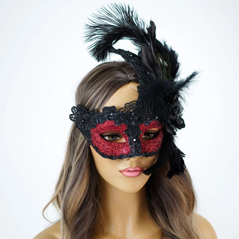 Black Red Feather Masquerade Mask Mardi Gras Burlesque Mask Red Glitter - Image 2 of 4