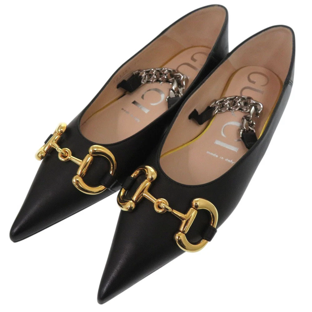 AUTHENTIQUE GUCCI 621161 Chaîne Bout Pointu Plats Escarpins Horsebit Cuir Noir