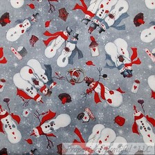 BonEful FABRIC FQ Cotton Quilt Gray Red White Snowman Snowflake Country Cardinal