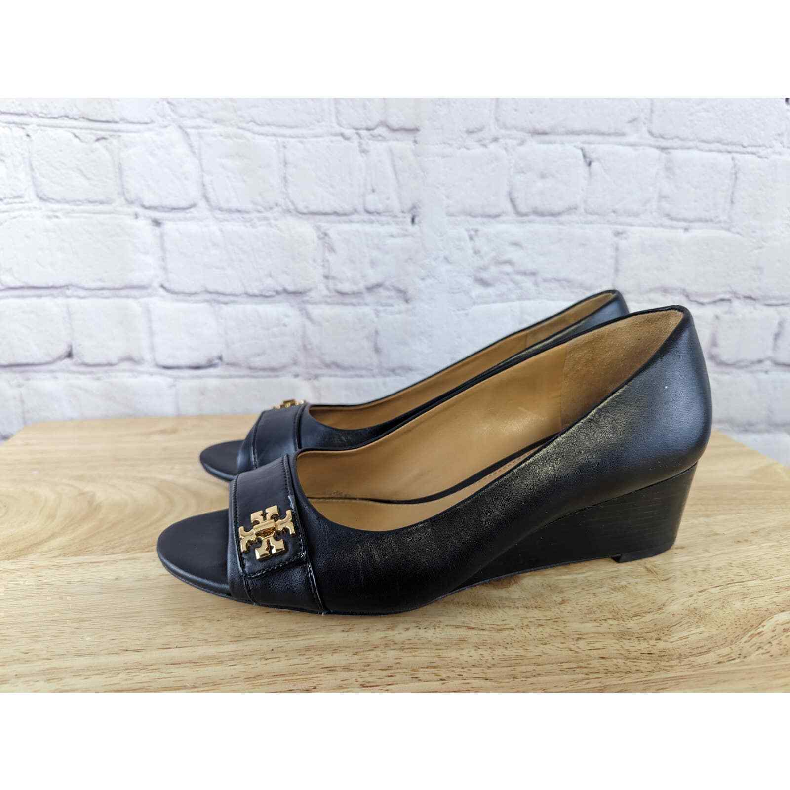 Tory Burch Kira Classic Wedge Heel Black Leather Slip On Open Toe 6 M  iuu.org.tr