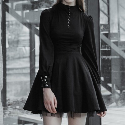 Women Pleated Dress Mini Puff Sleeve Lace Up A-line Gothic Punk Black Sexy  | eBay