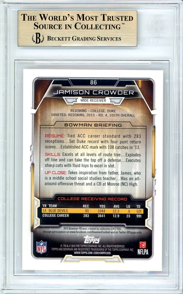 POP 1: Jamison Crowder RC BGS 9.5: 2015 Bowman Rookie Card Gisto #86 - Image 2 of 3
