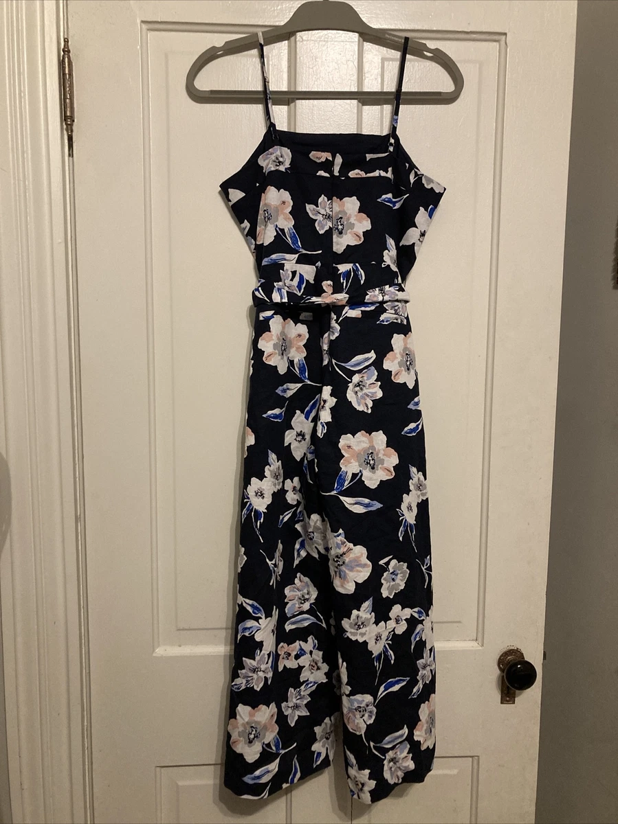 Banana Republic Women s Sz 2 Blue Pink Floral Linen Jumpsuit Romper Belt Pockets