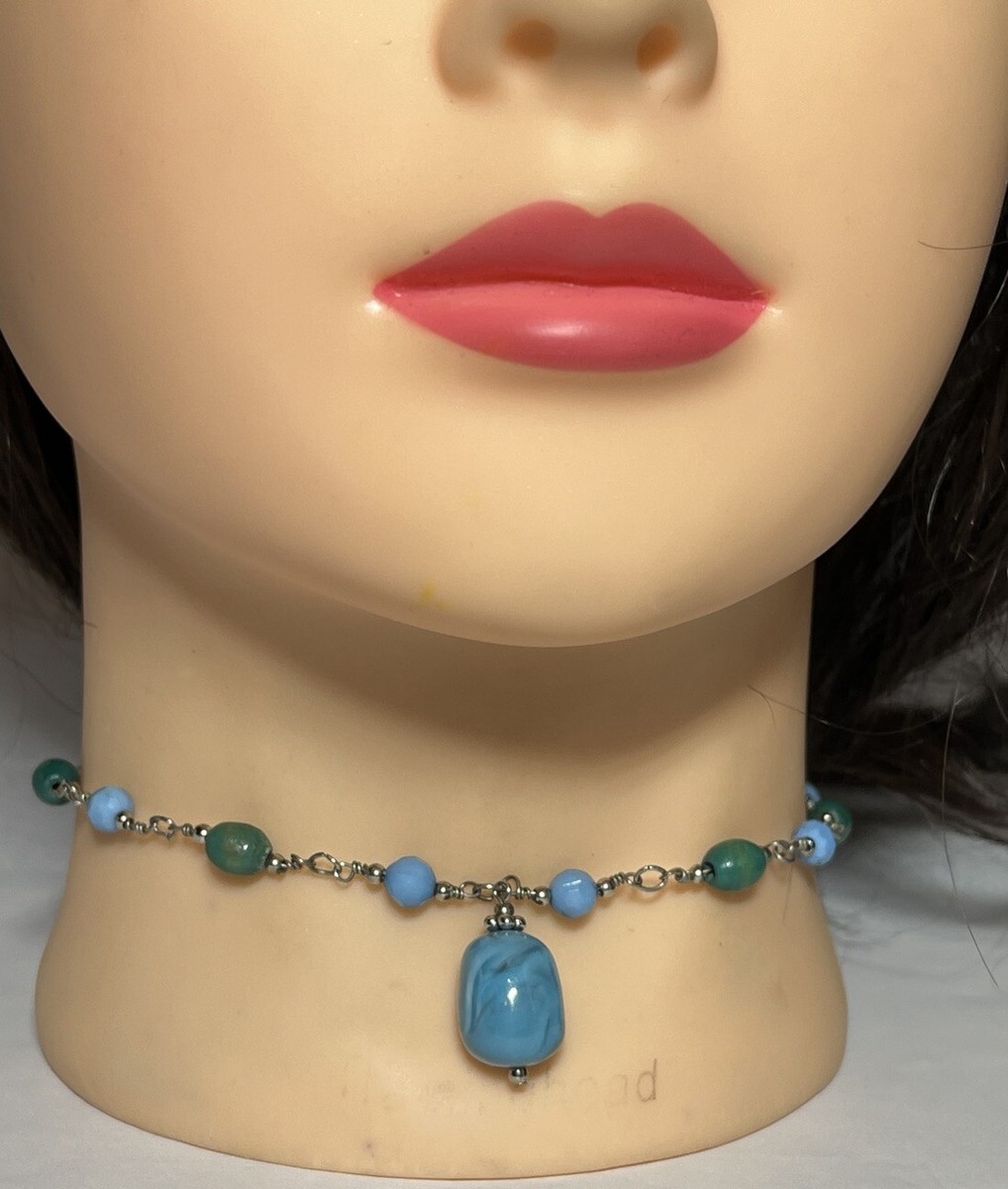 Boho Blue Green Wood Resin Beaded Choker Dangle Necklace 90'S