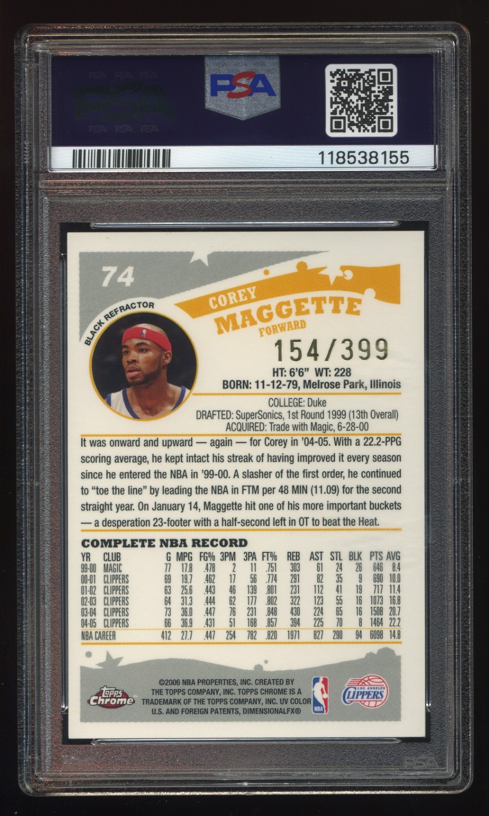 2005 Topps Chrome Basketball #74 Corey Maggette Black Refractor 154/399 PSA 9 view 2