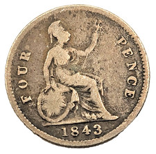 1843 Great Britain Silver Groat / Four Pence Coin - Queen Victoria - 1.75g