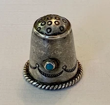 Navajo Sterling Silver Thimble Etched Tourqouise Stone USA 0.75x1”