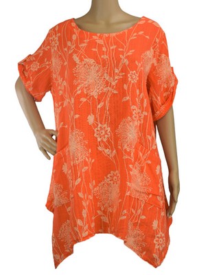 Damen Italienische Lagenlook Baumwolle Blumenmuster Asymmetrisch Tunika mit Taschen SS23