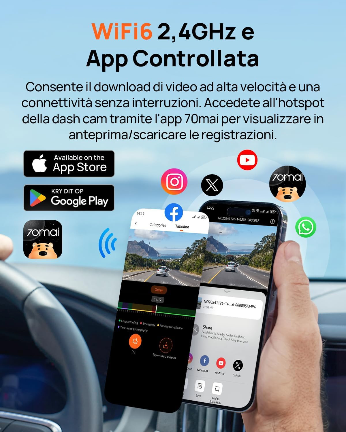 Dashcam 4k+1080p GPS WIFI Doppia Telecamera Auto Fronte/retro con Sd 128 - Miniatura 7