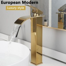 Gold Bathroom Waterfall Sink Faucet Single Handle Basin Mixer Taps Deck Mounted