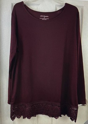 CW CLASSICS Womens Burgundy LS Lace-Hem Poly-Spandex Knit Tunic Top. Plus Sz 1X
