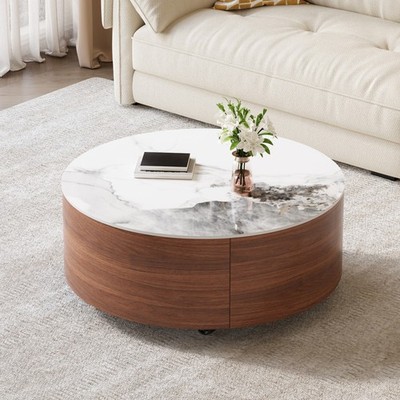 Modern Round Coffee Table with Casters 2 Drawers Marble Pattern Sintered