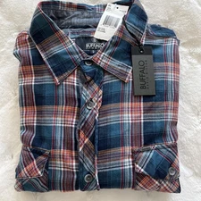 NEW Buffalo David Bitton Men's 100% Cotton Shirt Multicolored Blue Plaid Sz L