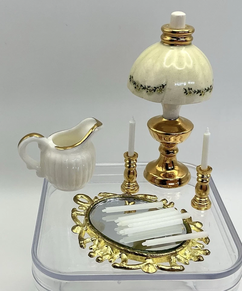 Casa de muñecas miniaturas espejo porcelana jarra lámpara candelabros velas Foto 3 de 4