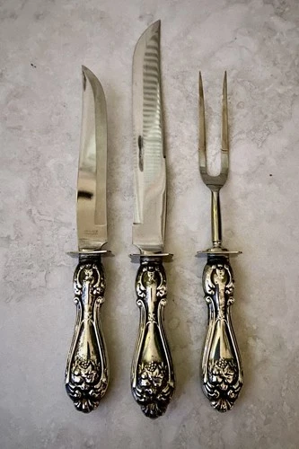 WALLACE ROSE STERLING SILVER HANDLE LARGE CARVING SET Of 3