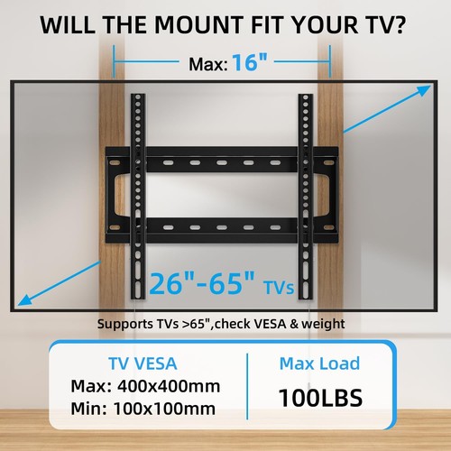 TV Wandhalterung feststehend für die meisten 26"-65" Flat/Curved Fernseher mit max VESA 400X400mm... - Bild 2 von 8