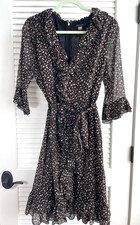 Tommy Hilfiger Floral Dress Womens 10 Black Brown Midi Ruffle Sleeve Boho
