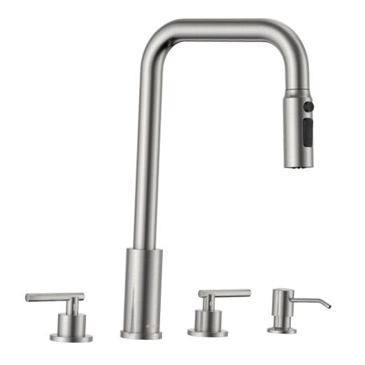  4 Hole Kitchen Faucet with Pull Down Sprayer, 3 Hole Dual Nickel 4 Holes