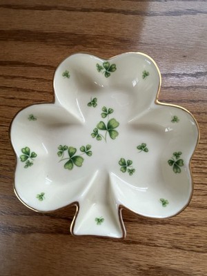 Vtg Lefton Irish Clover Shamrock Trinket Dish Gold Trim Hand Painted 1997 11081