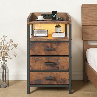 Night Stand Anti-Slip Guardrail Design Spacious Drawer Organizer Rustic Bedroom