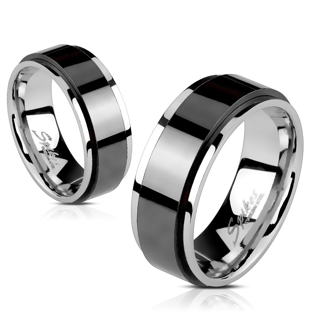 BAGUE HOMME FEMME ADO ACIER NOIR BORDS COULEUR ARGENT ROTATIVE