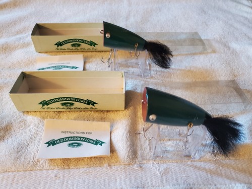 Vintage alter Dominion Köder Big Mama 3 1/4" grün/weiß mit schwarzem Haarschwanz mit Box - Bild 3 von 6