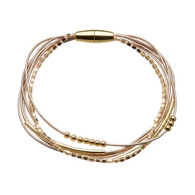 Magnetarmband Damen mit sechs rosa Ledersträngen und Goldperlen - Riley P