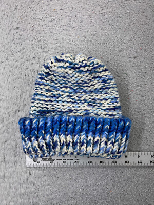 Handmade Beanie Toque Youth One Size White Blue Crochet Knit Acrylic Outdoors