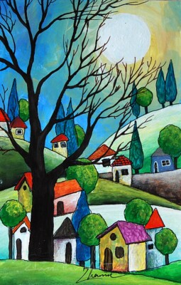 Original naive art painting whimsical village acrylic handpainted artwork