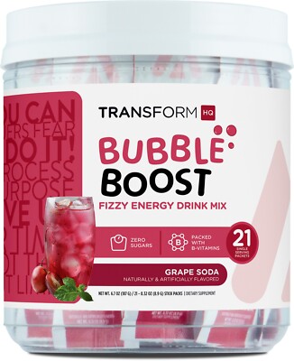 TransformHQ Bubble Boost Fizzy Energy Drink Mix (Grape Soda Flavored) 21 Packets