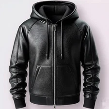 Men's Black Premium Leather Hoodie Handmade Genuine Lambskin Leather Jacket