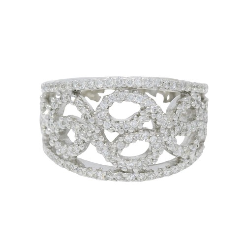 18K White Gold Natural Round Diamond Open Work Swirl Ring