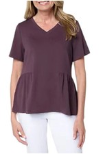 AnyBody Women's Cozy Knit Jersey Short Sleeve Peplum Top Eggplant