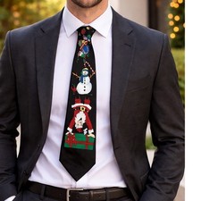 Hallmark Yule Tie Greetings Santa Snowman Necktie Mens Black Christmas Novelty