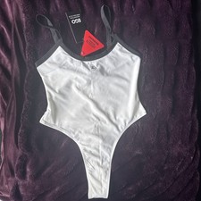 Women's EGO Contrast Scoop Neck Logo Detail High Leg Swimsuit In WhiteUK 8