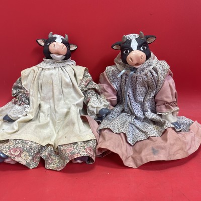 Vintage ~ 2 WANGS Soft Dressed Holstein COW Dolls  1991  Farm Dairy Amish