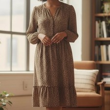 Talbots Petites Size 8P Leopard Print Tiered Key Hole Neckline Dress