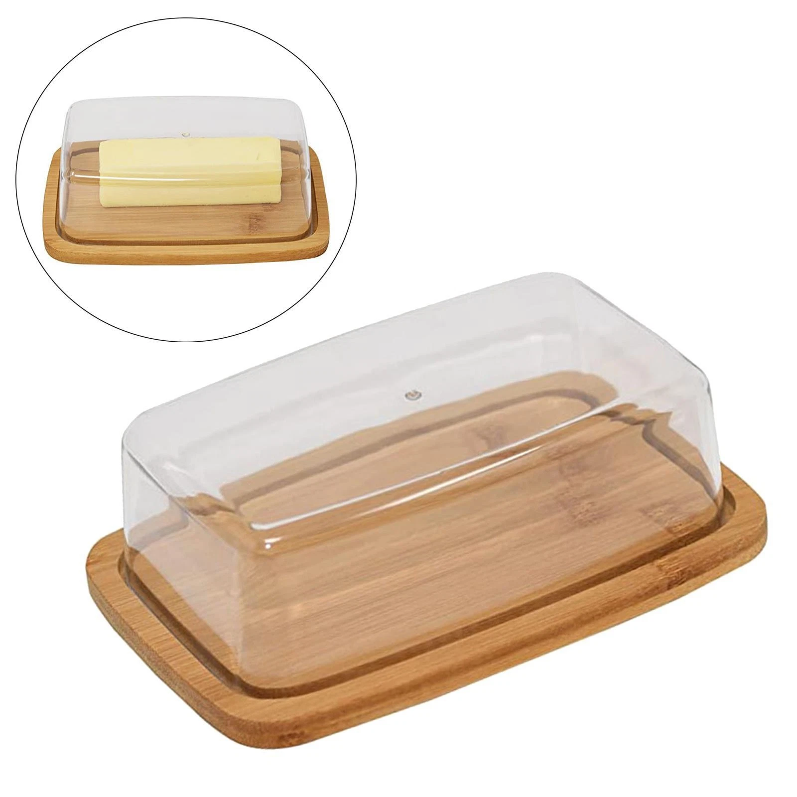 Square Bamboo Butter Dish Creative Rectangular Butter Box with Glass Lid for