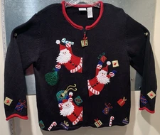 Vtg Carolina Colours Embroidered/Beaded Christmas Santa Cardigan Ramie/Cotton L