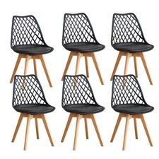 6x Sedie da pranzo cucina, design a griglia, nere con gambe in faggio e cuscino