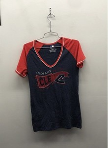MLB Cleveland Indians Women's Blue Red V-Neck Raglan Graphic T-Shirt Sz S
