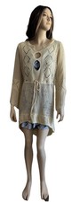 Beige Crochet Hi-Low Cover-Up Dress V-Neck Bell Long Sleeve Drawstring Geometric
