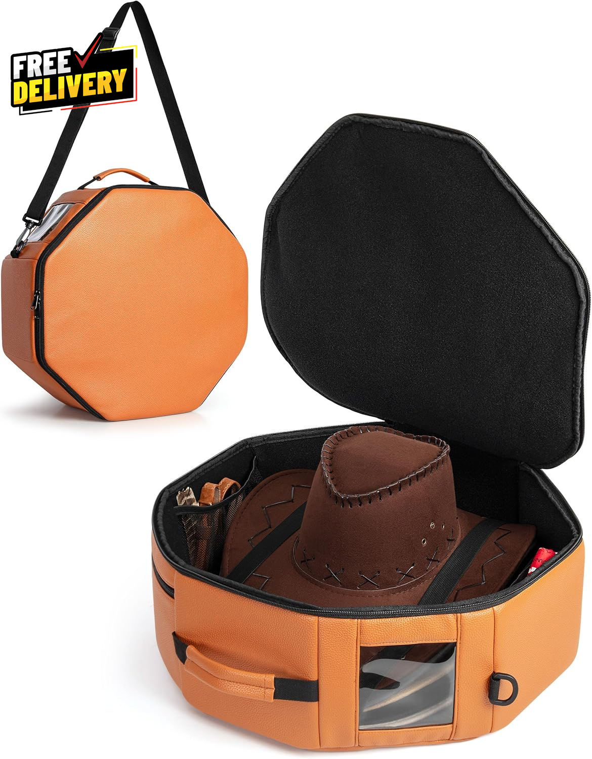 Vegan Leather Hat Box Holds 4 Cowboy Wide Brim Hats Padded Travel Case Brown…